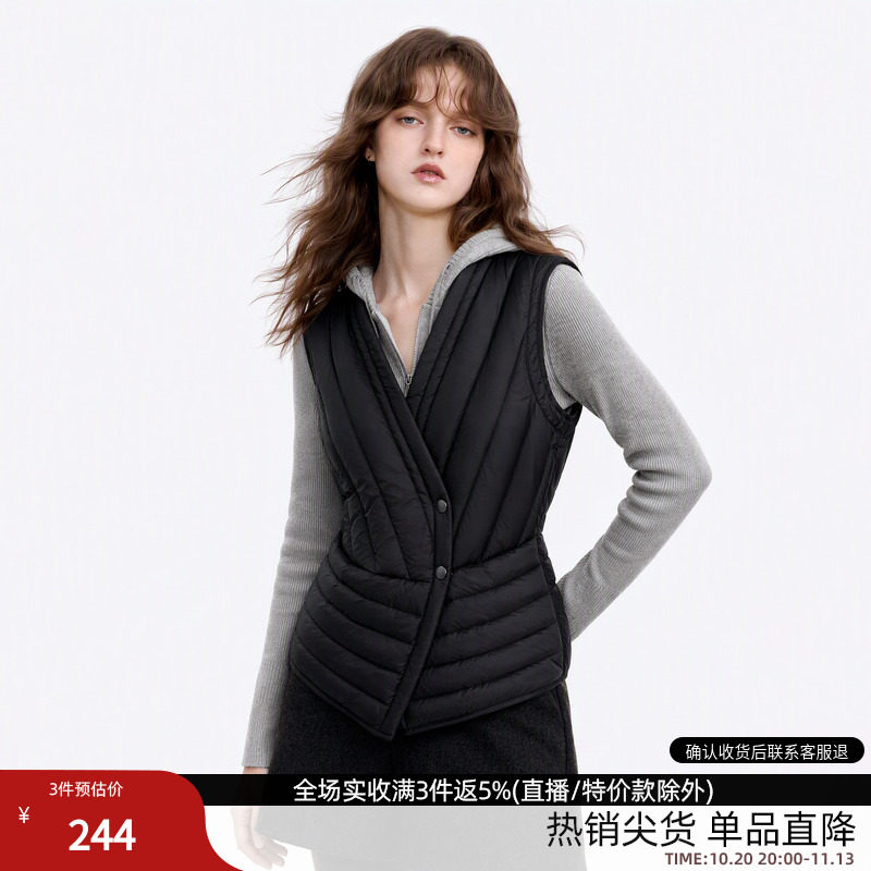 德玛纳90鸭绒V领无袖羽绒马甲女26冬季新款气质收腰短款保暖外套