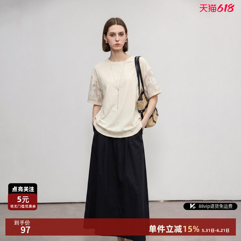 米白色纯棉拼接网纱短袖T恤女26夏季新款宽松显瘦气质通勤上衣