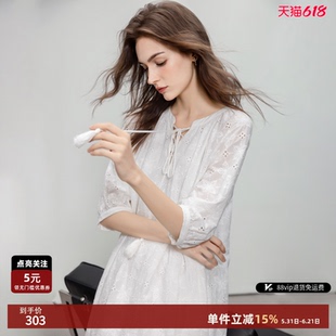 德玛纳法式文艺风纯棉连衣裙女26夏季新款蕾丝刺绣系绳荷叶边长裙
