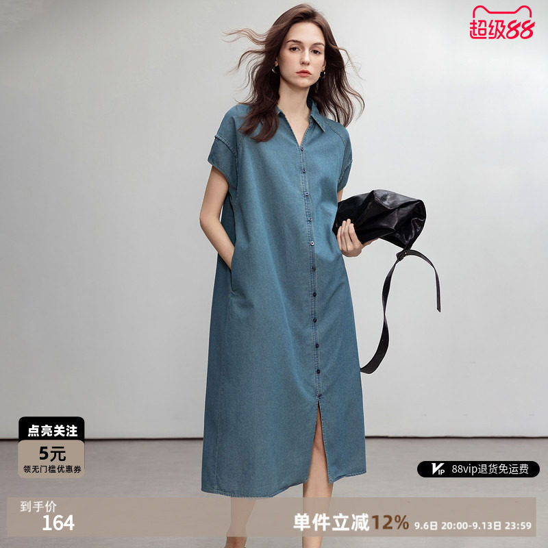 德玛纳复古风翻领牛仔连衣裙极简图片
