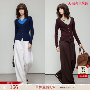 设计感线衫 气质修身 上衣 女春秋新款 德玛纳假两件撞色V领针织衫