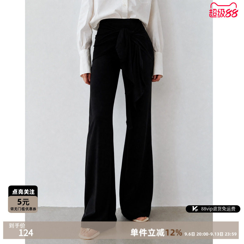 德玛纳假两件绑带屁帘喇叭裤女26夏季新款松紧腰休闲弹力微喇长裤