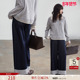 德玛纳条纹拼接阔腿牛仔裤 高腰宽松藏肉通勤休闲长裤 女26春季 新款
