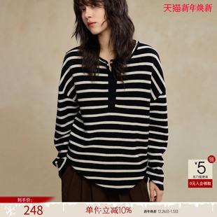 宽松舒适慵懒针织衫 新款 上衣 女25冬季 德玛纳复古风条纹半开襟线衫