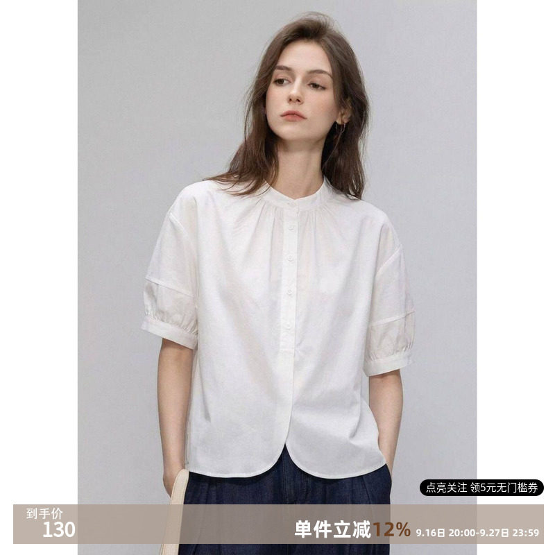 纯棉白色立领泡泡袖显瘦女衬衫图片
