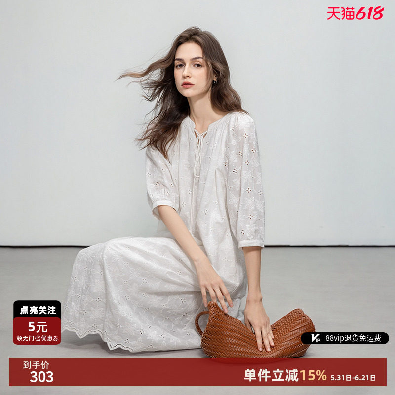 【蜜蜂欢乐社】德玛纳法式纯棉连衣裙女蕾丝刺绣系绳荷叶边长裙