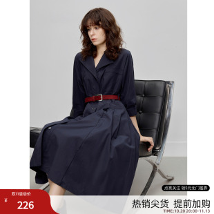 德玛纳通勤风翻领七分袖连衣裙女26秋季新款含腰带收腰大口袋长裙