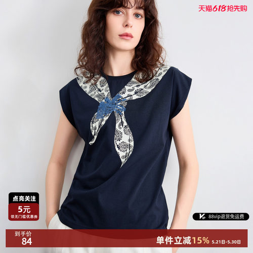 德玛纳复古印花领结圆领T恤女