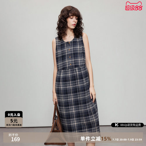 德玛纳文艺复古格纹宽松连衣裙