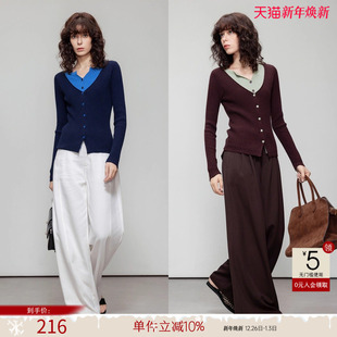 上衣 设计感针织衫 德玛纳假两件撞色V领线衫 女春秋气质修身