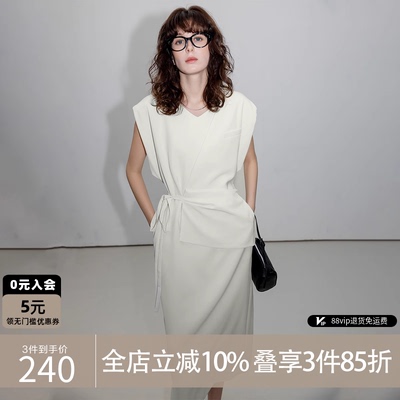 假两件系带V领气质无袖连衣裙