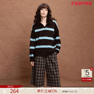 翻领宽松慵懒针织衫 新款 上衣 女25冬季 德玛纳可露丽风撞色条纹线衫