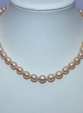 8-9mm天然粉色米形淡水珍珠项链橘色橙色水滴形锁骨链女款妈妈链