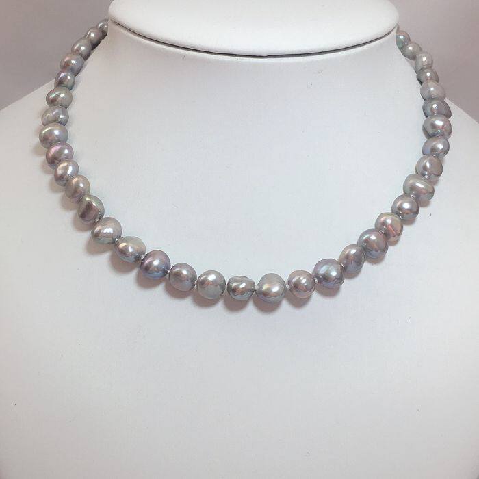 8-9mm天然巴洛克淡水珍珠项链淡灰色异形不规则珍珠问号延长扣