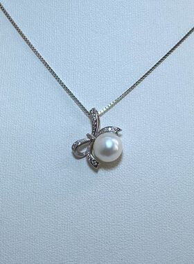 8-9mm天然白色扁圆淡水无核珍珠吊坠馒头圆单颗S925银不含链条