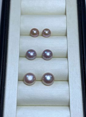 天然粉紫色扁圆淡水珍珠耳钉馒头圆珍珠简约气质耳饰S925银耳针