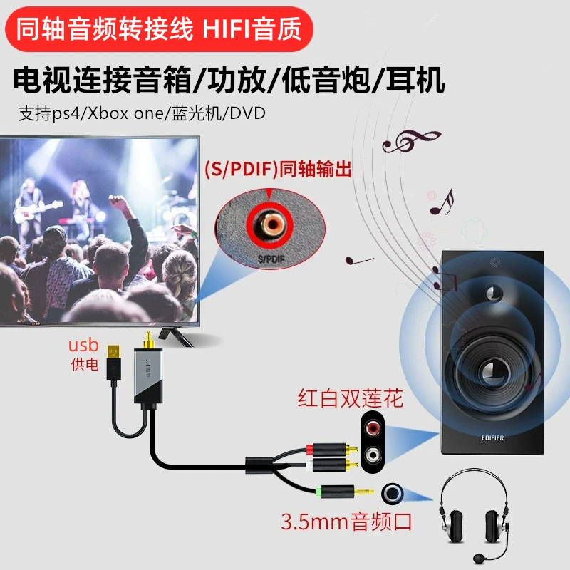 同轴音频线SPDIF适用夏普三星海信华为电视转3.5莲花连接音箱功放