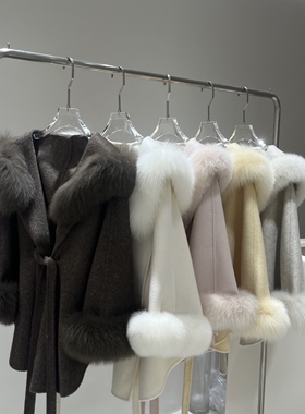 2025气质名媛大衣真狐狸毛领+全羊毛双面呢斗篷外套冬季保暖