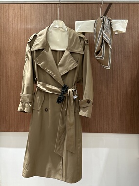 【韩剧女二风】高级大翻领双排扣系带收腰长款风衣巴黎经典外套女