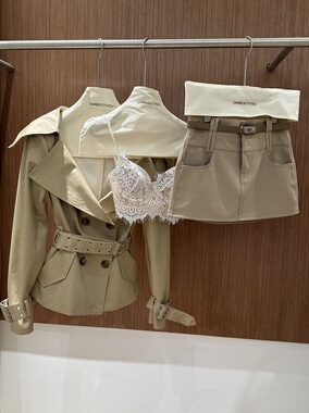 25秋复古大翻领露肩一字领长袖收腰双排扣短款风衣女外套小众礼服