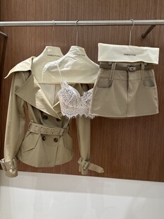 25秋复古大翻领露肩一字领长袖 风衣女外套小众礼服 收腰双排扣短款