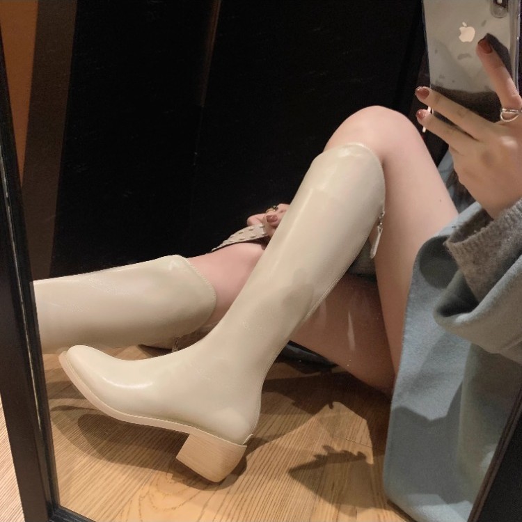 白色长筒靴女外穿厚底骑士靴