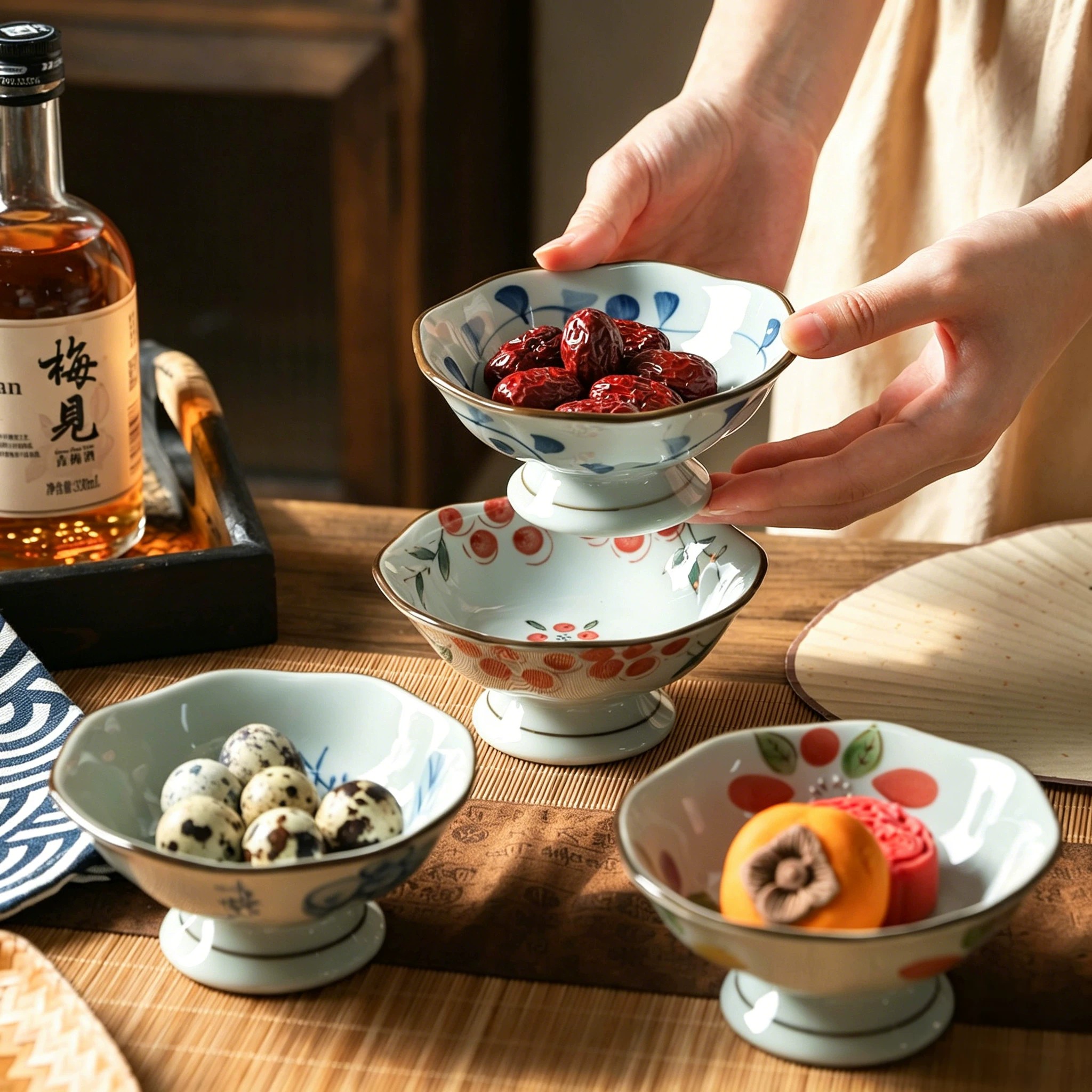 中式高脚茶点盘点心盘陶瓷摆盘干果碟糕点零食小吃盘复古家用国风