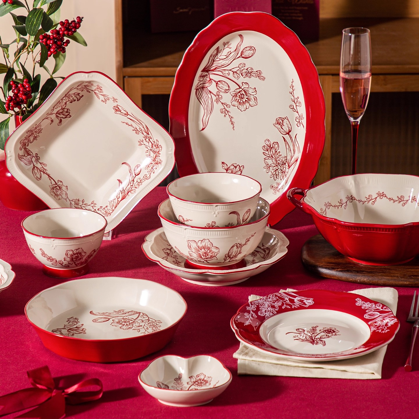 中国风盘子菜盘家用红色喜庆餐盘