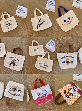 帆布袋ins风简约慵懒清新笑脸字母卡通帆布包购物袋迷你包手提袋