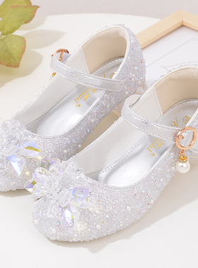 春秋季儿童皮鞋鞋爱莎公主鞋2026新款女童高跟鞋时尚白色水晶单鞋