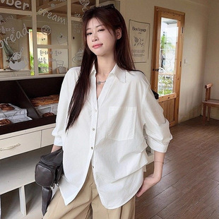 秋季 2025新款 女装 衬衫 小众衬衣韩系慵懒松弛感 宽松polo领白色长袖