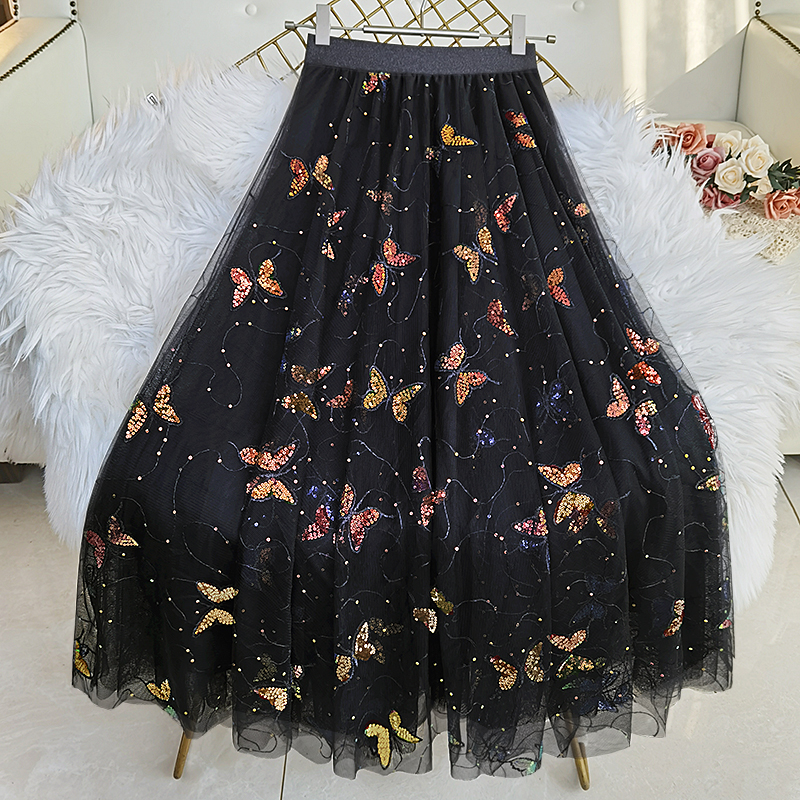 蝴蝶亮片网纱半身长裙