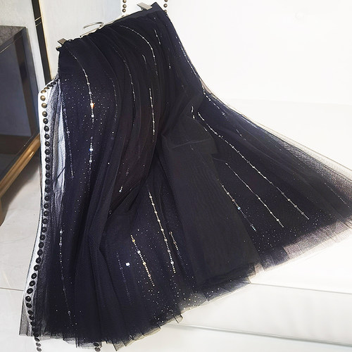 黑色星空亮片网纱半身仙女长裙