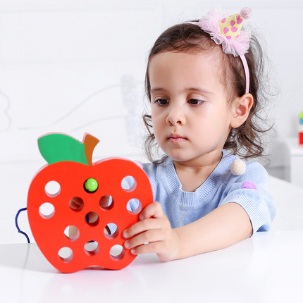 幼儿虫吃苹果穿线穿绳动手玩具婴1-2-3-4岁儿童早教益智木制玩具