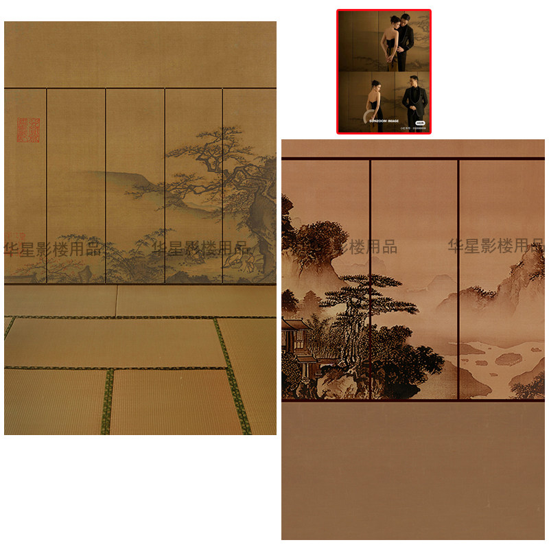 禅意新中式婚纱照背景布复古中国风工笔画山水背景古装汉服摄影