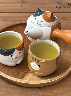日本正版DECOLE陶瓷茶壶茶杯套装日式手持泡茶可爱创意三花猫小杯