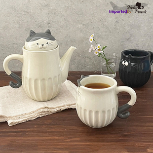 卷尾求稳猫猫咪可爱创意 日本进口DECOLE陶瓷茶壶茶杯泡茶带茶隔