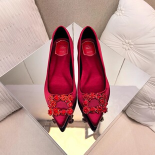 欧美法式R皇室风经典尖头水晶钻方扣丝绸缎平底高跟新娘婚鞋单鞋