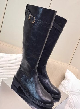 欧美秋冬新款ANN暗黑风牛皮方扣矮跟高筒长筒机车靴长靴女骑士靴