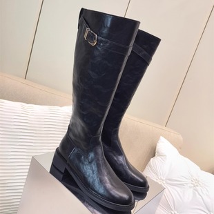 欧美秋冬新款 ANN暗黑风牛皮方扣矮跟高筒长筒机车靴长靴女骑士靴