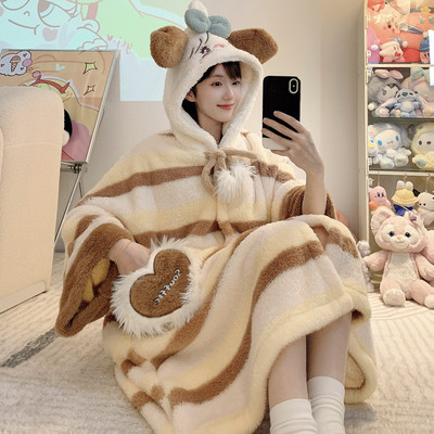珊瑚绒睡袍女秋冬加大码200斤斗篷披风卡通可爱加厚宽松孕妇浴袍