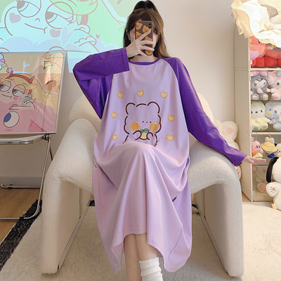 胖mm纯棉睡裙女春秋加肥加大码睡衣200斤网红孕妇可外穿连衣长裙