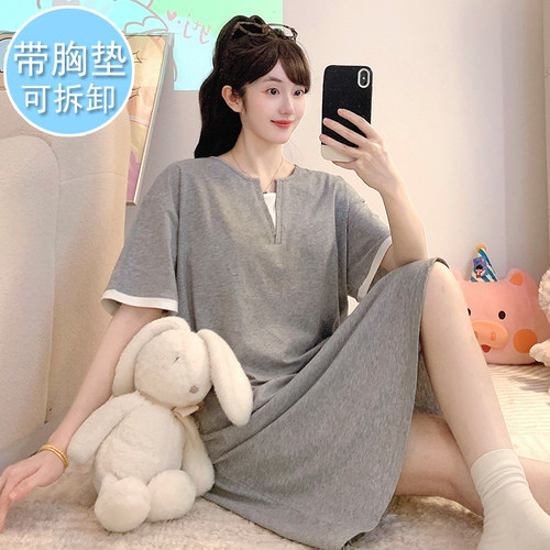 带胸垫防凸点睡裙女士夏季纯棉胖mm大码200斤宽松连衣裙孕妇睡衣