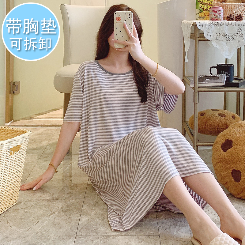 莫代尔条纹睡裙女夏季薄款带胸垫宽松大码200斤孕妇睡衣裙家居服