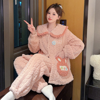睡衣女秋冬珊瑚绒加厚保暖加肥大码200斤可爱卡通法兰绒家居服冬