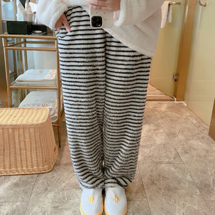条纹睡裤女秋冬款珊瑚绒长裤加厚大码200斤法兰绒可外穿男家居裤