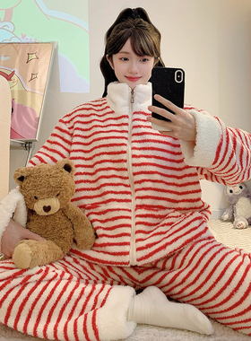半边绒睡衣女秋冬季加厚保暖红色条纹加肥大码200斤珊瑚绒家居服