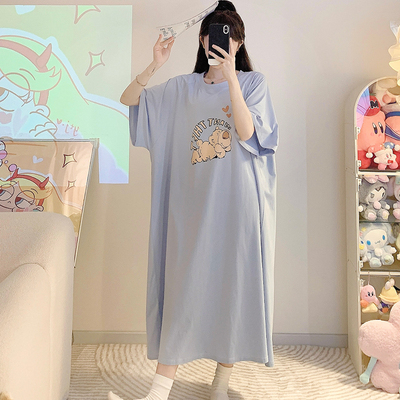胖mm纯棉睡裙女夏加肥加大卡通学生长款T恤裙睡衣300斤孕妇连衣裙