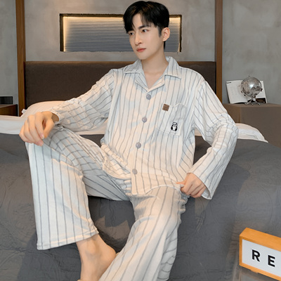 海岛绒睡衣男秋冬薄绒保暖条纹熊猫开衫男款休闲大码珊瑚绒家居服