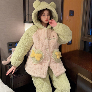 睡衣女冬季珊瑚绒加厚可爱三层夹棉大码200斤连帽冬可外穿家居服